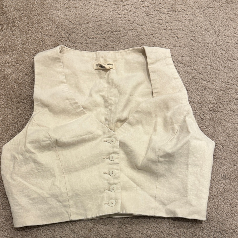 Christian Siriano Cream Button-Front Crop Vest, Linen Blend